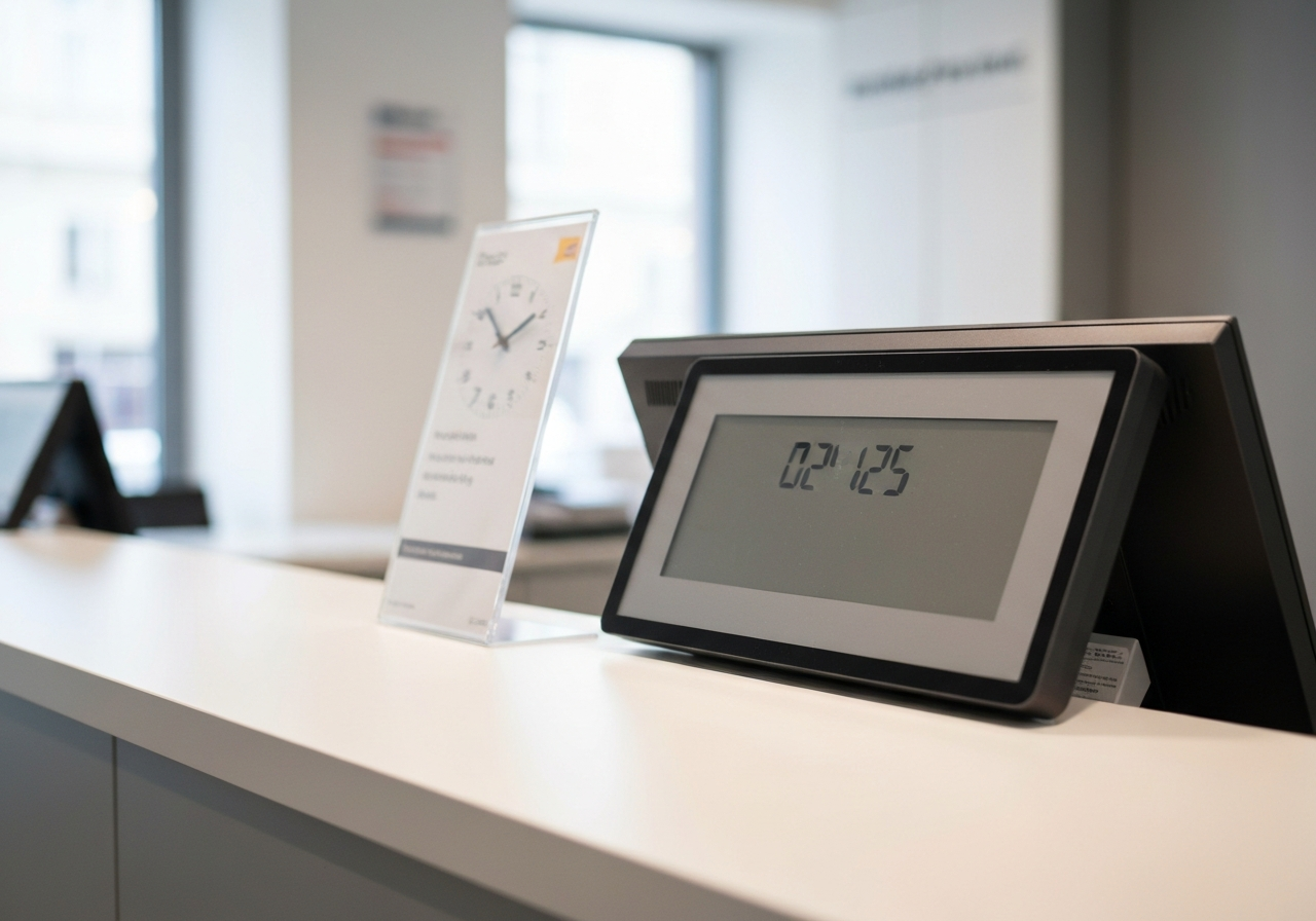 A professional, modern post office service desk in Olomouc, clean bright environment, close-up of a digital clock and customer service interface, editorial photography, soft natural light, 85mm lens, high resolution, no text, no words, no letters.