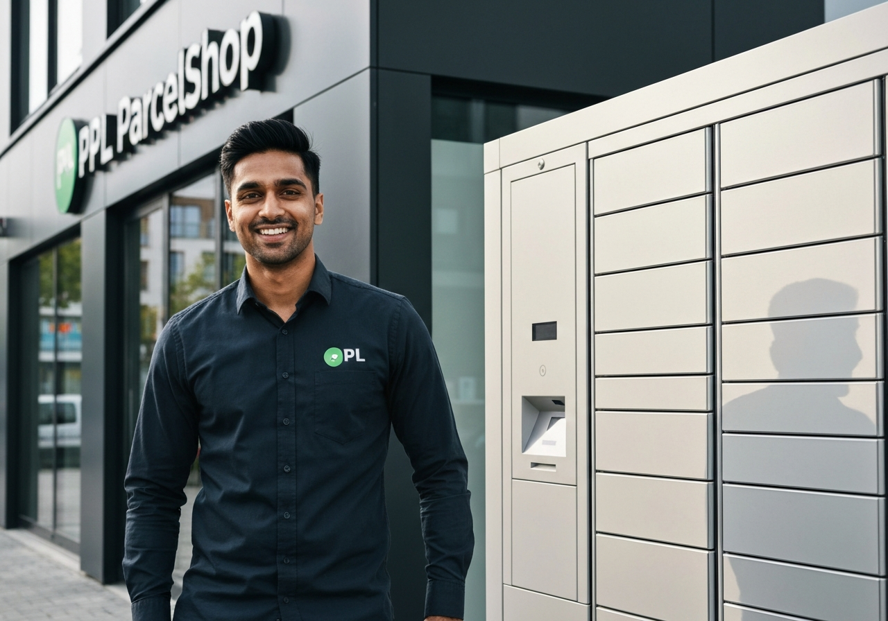 A split composition showing a PPL ParcelShop storefront with a friendly clerk and a modern PPL Parcelbox automated locker in a contemporary Zlín urban setting, editorial photography, clean lines, professional atmosphere, soft natural light, 85mm lens, high quality, no text, no words, no letters