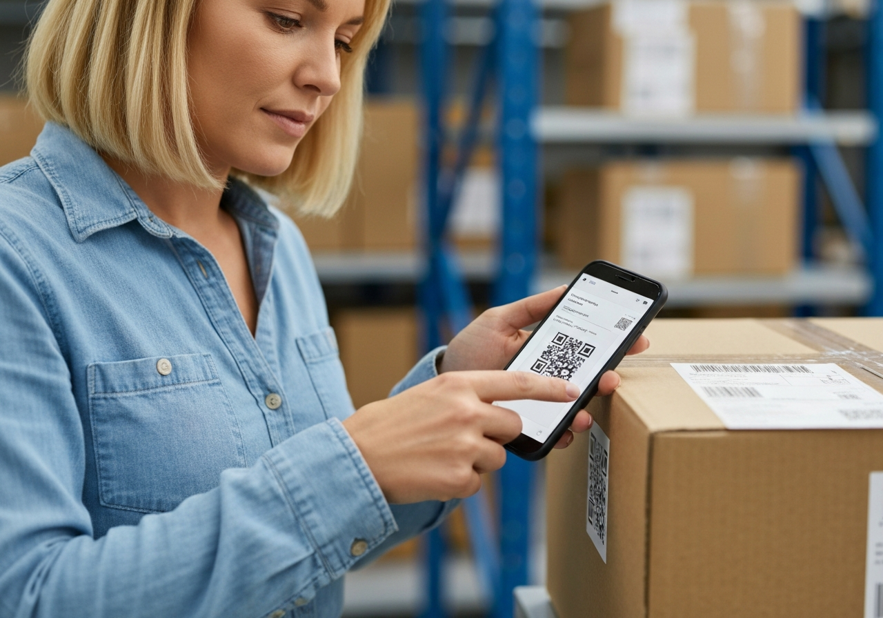 A close-up of a person using a smartphone to scan a QR code on a shipping label attached to a cardboard parcel, modern bright warehouse background, editorial photography, 85mm lens, soft natural lighting, high resolution, no text, no words, no letters