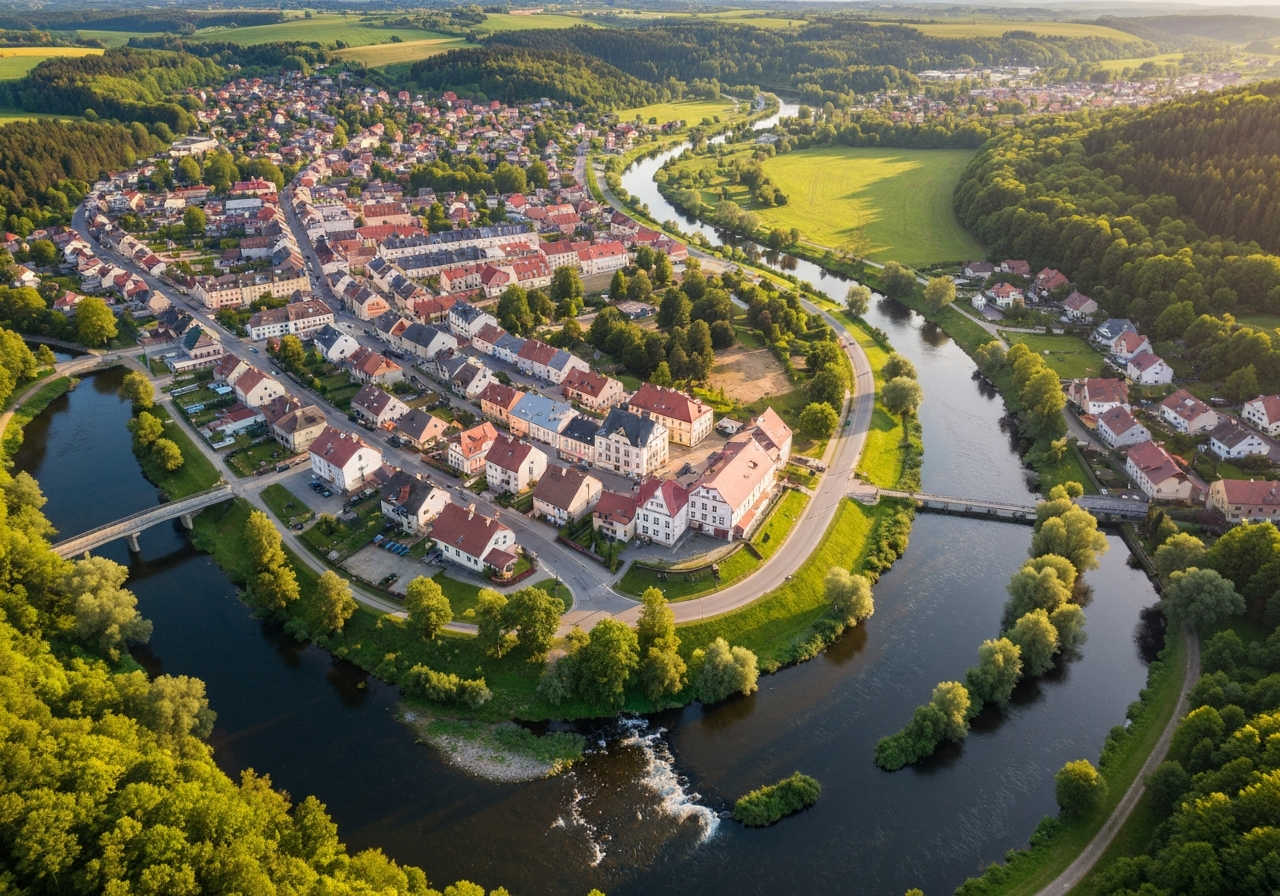 Aerial view of Veselí nad Lužnicí surrounded by lush green landscapes and rivers, vibrant nature, editorial photography, cinematic lighting, wide angle, 85mm lens, highly detailed, no text, no letters