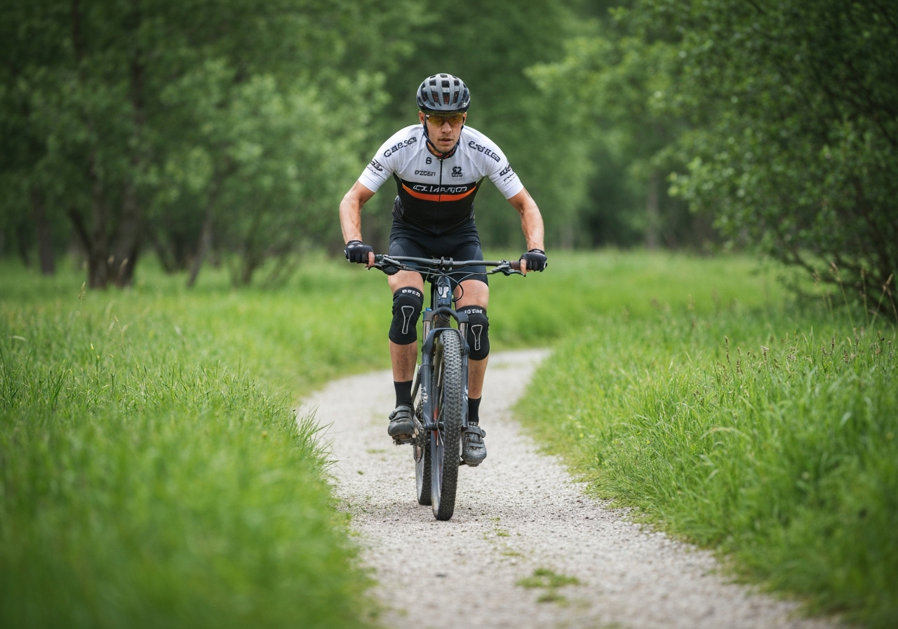 A professional cyclist riding a mountain bike on a scenic, flat gravel trail through the lush, green wetlands of the Trebonsko region, soft natural light, editorial travel photography, 85mm lens, high resolution, no text, no words, no letters