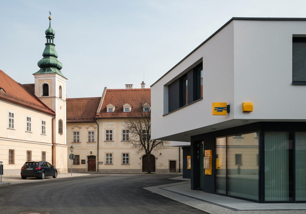 Exterior view of a modern Czech post office branch in Mikulov, historic town architecture in the background, soft daylight, professional editorial photography, 85mm lens, high resolution, no text, no letters