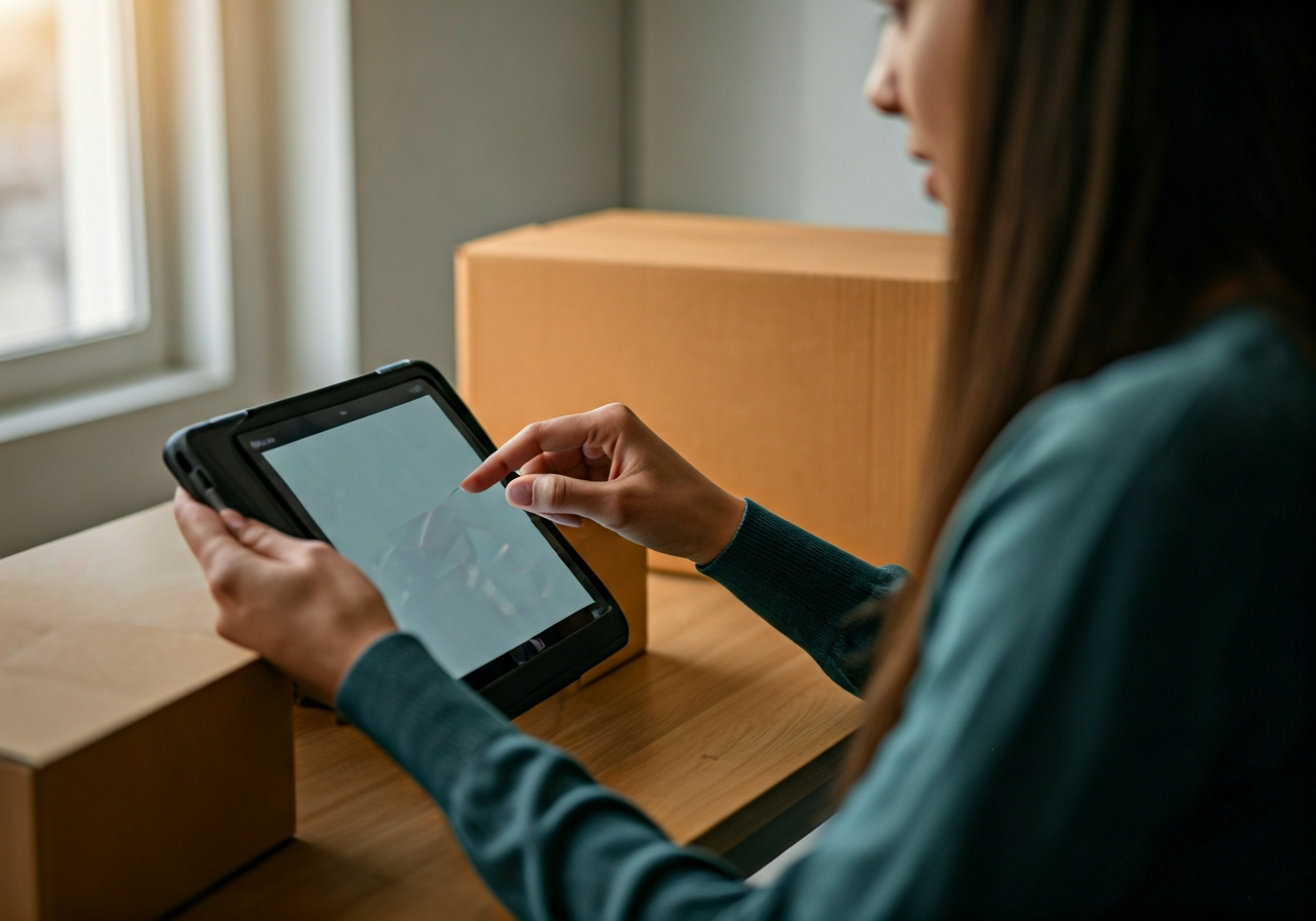 A professional logistics specialist using a digital tablet to scan a parcel in a modern, brightly lit post office environment, editorial photography, soft natural light, 85mm lens, minimalist aesthetic, no text, no words, no letters
