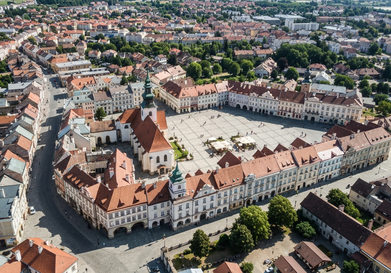 Aerial view of the historical town of Vysoké Mýto, showcasing the central square and surrounding infrastructure, clear daylight, professional drone photography, premium composition, 85mm lens, no text, no words, no letters.