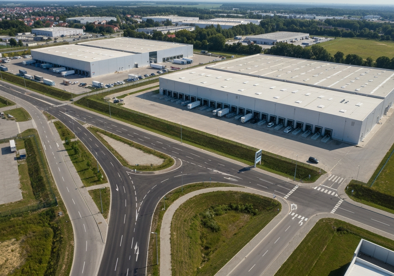 Aerial view of a modern logistics center intersection in Vysoké Mýto, clean asphalt roads, cinematic lighting, professional drone photography, 85mm lens, highly detailed, no text, no words, no letters