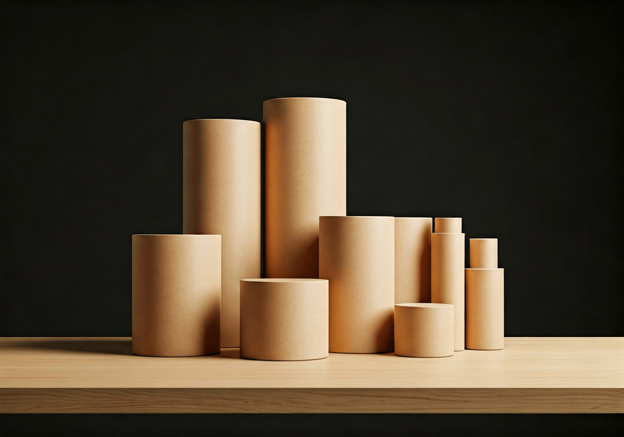 Editorial photography, a collection of irregularly shaped shipping packages including cylinders and tubes resting on a clean wooden table, professional logistics environment, soft natural light, 85mm lens, minimalist aesthetic, no text, no words, no letters