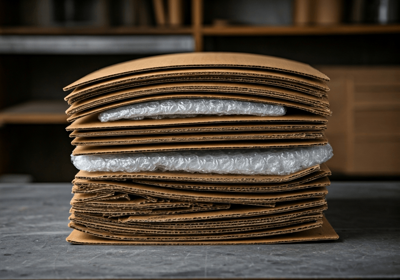 Professional packaging setup showing an irregularly shaped ceramic sculpture protected by layers of bubble wrap and custom-cut corrugated cardboard, clean modern workshop background, bright natural lighting, 85mm lens, high resolution, no text, no letters