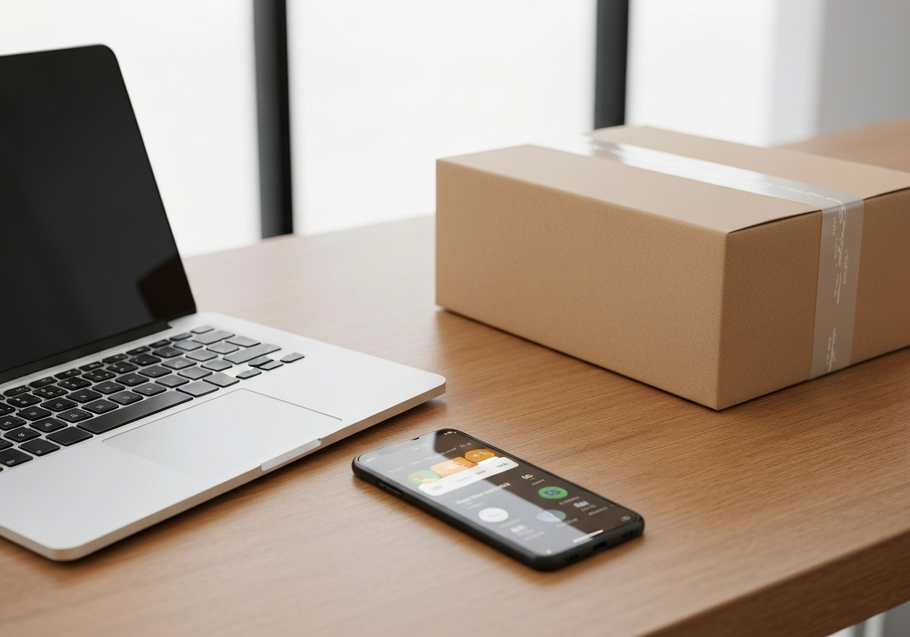 A modern logistics workspace featuring a sleek laptop, a smartphone displaying a tracking app, and a neatly prepared package on a clean wooden desk, bright office environment, soft natural light, 85mm lens, shallow depth of field, premium editorial style, no text, no letters
