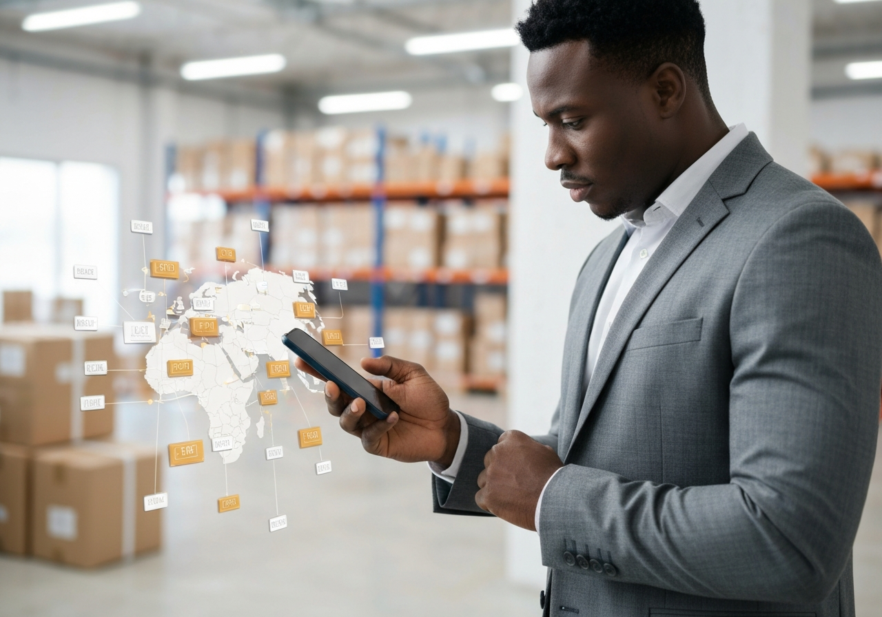 A professional logistics manager using a sleek smartphone to track multiple packages on a digital map, modern office environment, blurred warehouse background, editorial photography, soft natural light, 85mm lens, highly detailed, no text, no letters.