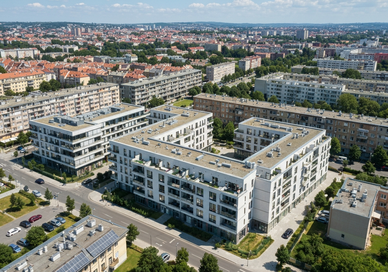 Aerial view of the modern residential and commercial architecture of Černý Most in Prague, crisp urban landscape, clean daylight, professional architectural photography, 85mm lens, no text, no words, no letters.