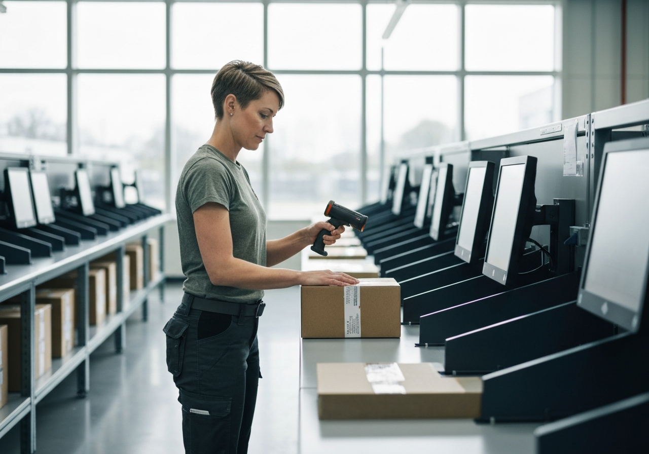 A professional logistics worker scanning a package in a modern, organized sorting facility, soft natural light, editorial photography style, 85mm lens, high quality, no text, no words, no letters