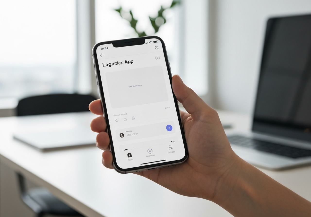 Jak poslat balík PPL: Rychlý návod (za 5 minut) 2 A minimalist smartphone held by a hand displaying a logistics app interface, modern bright office desk background, soft natural lighting, editorial photography, 85mm lens, high quality, no text, no letters