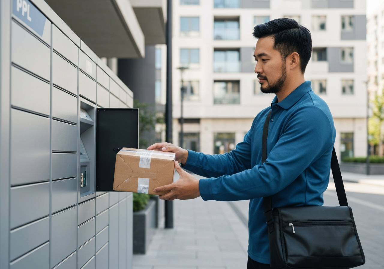 Jak poslat balík PPL: Rychlý návod (za 5 minut) 3 A professional courier placing a securely packaged parcel into a modern PPL delivery locker, clean urban setting, editorial photography, soft natural light, 85mm lens, high quality, no text, no letters