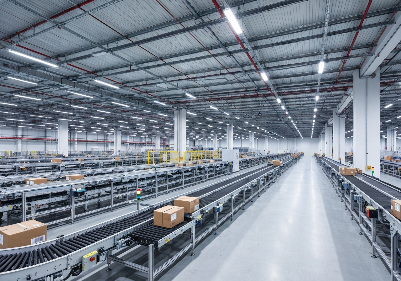 Zásilkovna Teplice: Kompletní přehled (za 2 minuty) 2 A modern logistics center with sleek, automated sorting belts, wide-angle editorial shot, clean industrial design, soft professional studio lighting, high resolution, no text, no words, no letters.