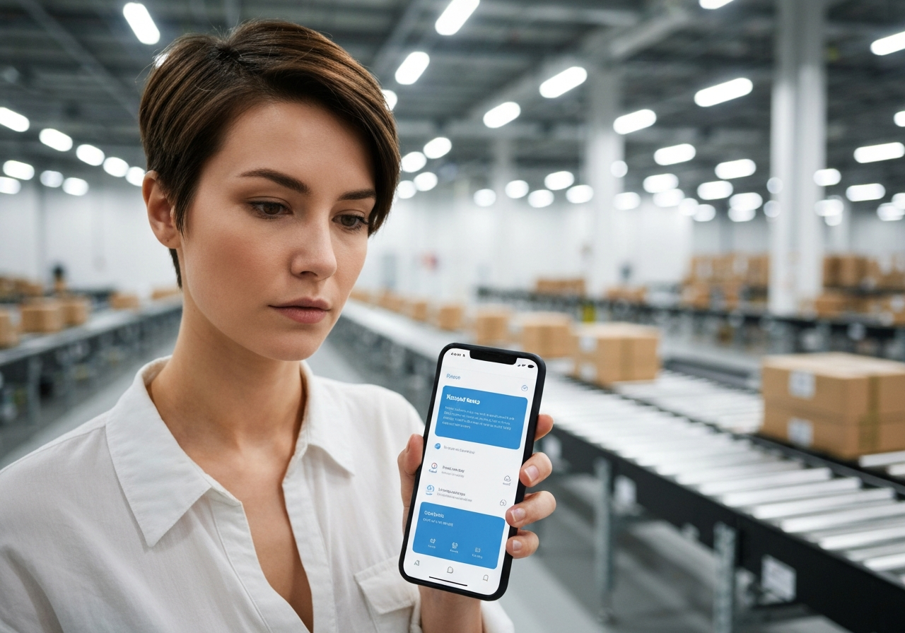 Zásilkovna Teplice: Kompletní přehled (za 2 minuty) 3 A close-up of a person holding a modern smartphone showing a tracking interface, blurred logistics background in a clean, high-tech distribution center, editorial photography, soft natural light, 85mm lens, highly detailed, no text, no words, no letters.