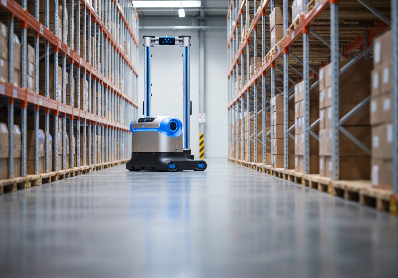A collaborative autonomous robot navigating a modern, high-tech warehouse aisle, clean industrial environment, editorial photography, soft natural light, 85mm lens, depth of field, no text, no words, no letters.