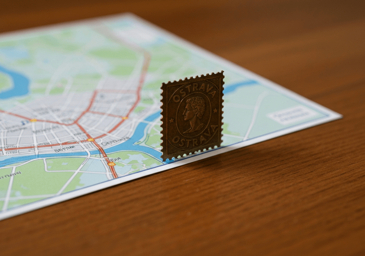 Close-up of a vintage brass postal stamp resting on a minimalist wooden desk next to a modern city map of Ostrava, soft natural light, editorial photography style, 85mm lens, high detail, no text, no words, no letters.