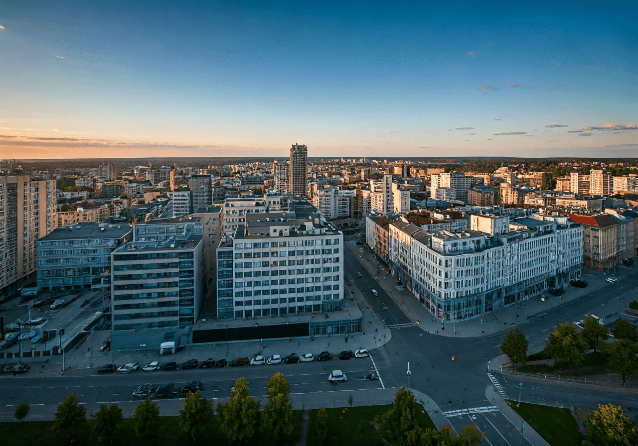 Aerial view of Ostrava city center with modern architecture and historic buildings, soft natural sunlight, professional editorial photography, 85mm lens, high resolution, no text, no letters, no words