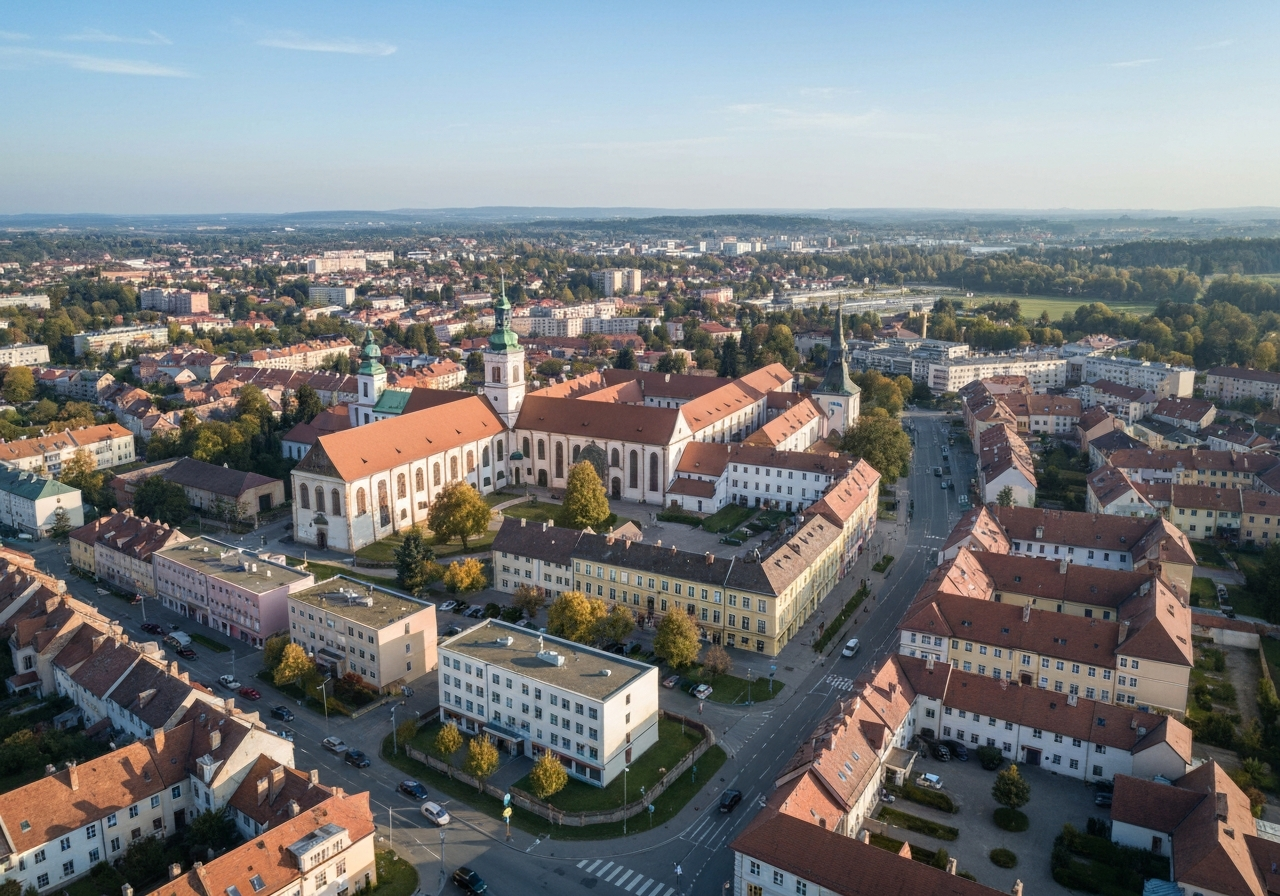Aerial view of the modern town of Šlapanice, Czech Republic, clean urban layout with historical landmarks, soft natural morning light, editorial photography style, 85mm lens, high resolution, no text, no letters