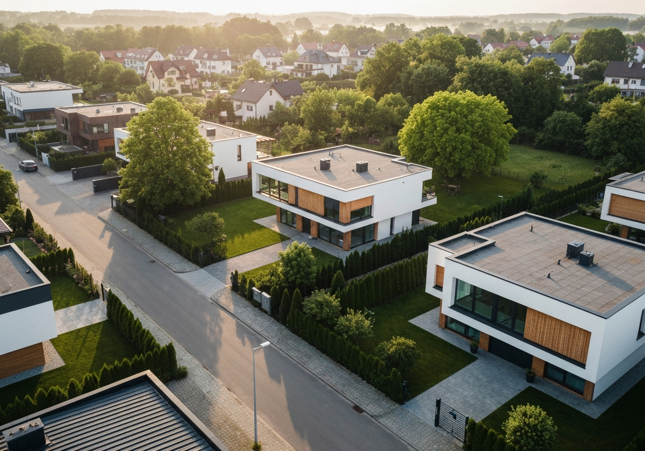 Aerial view of a modern residential street in Slapanice, Czech Republic, clean suburban architecture, lush greenery, soft natural morning light, cinematic editorial photography, 85mm lens, high resolution, no text, no words, no letters.