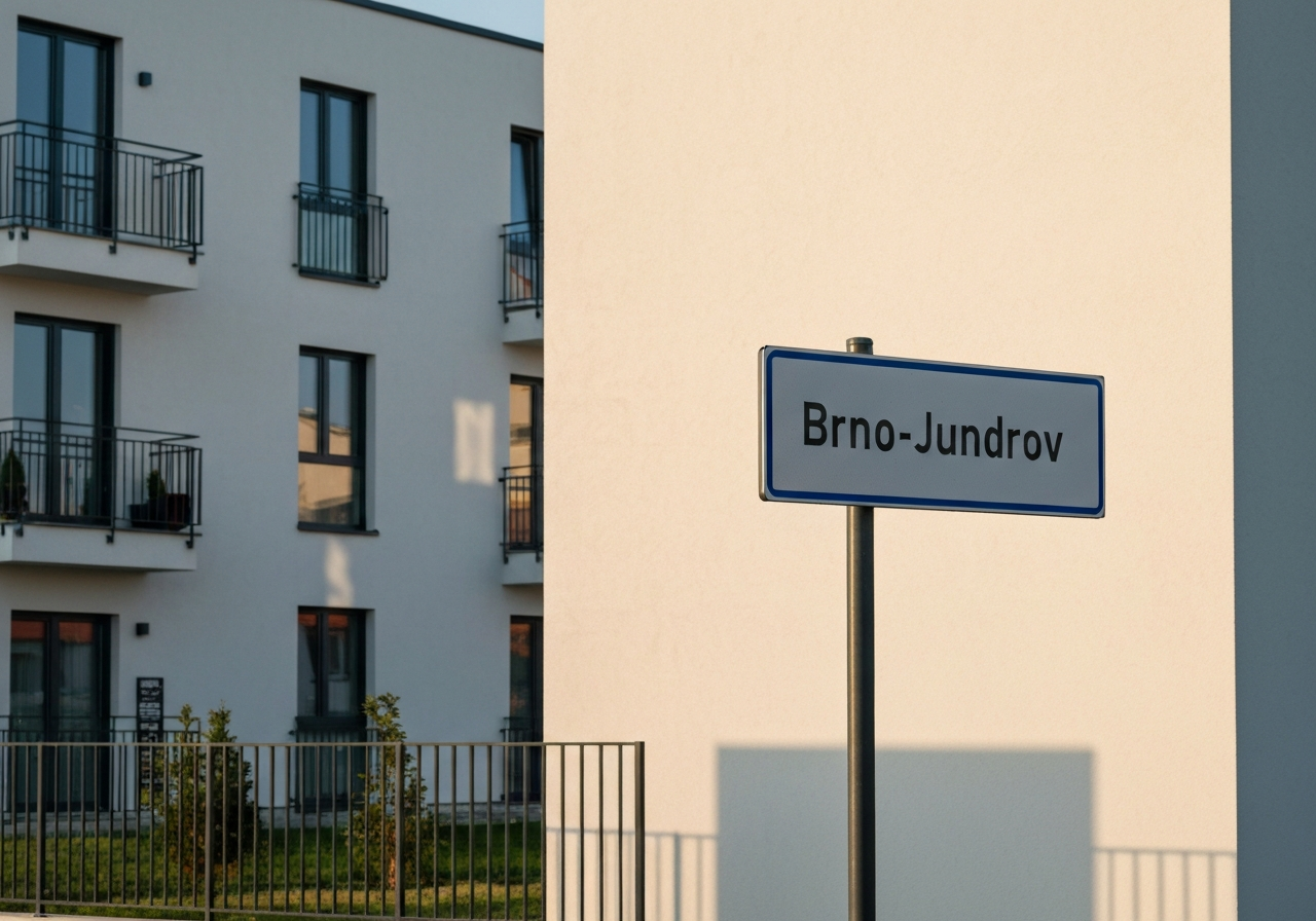 A modern, minimalist aesthetic view of a street sign in Brno-Jundrov with residential architecture in the background, soft natural sunlight, editorial photography style, 85mm lens, high resolution, no text, no letters