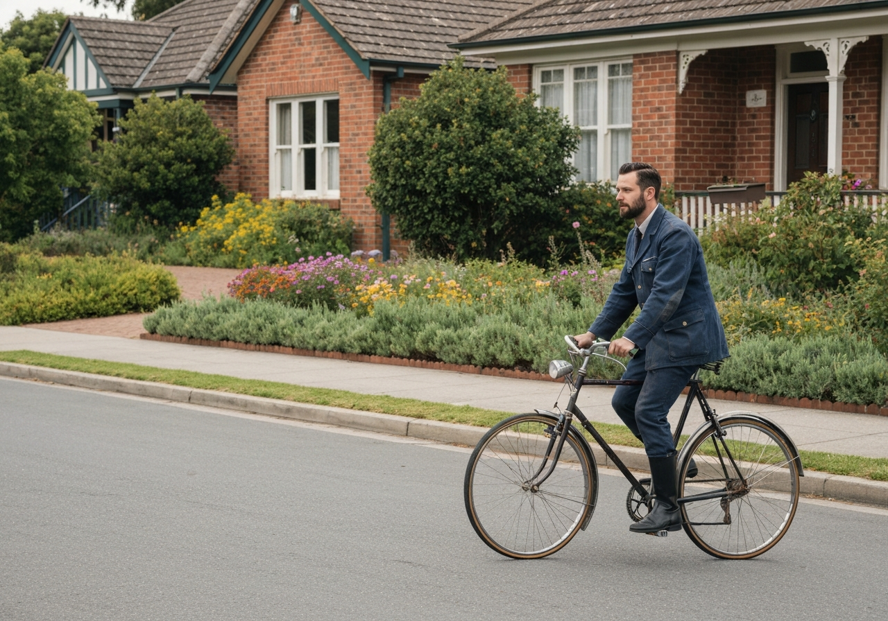 Historical archive photo of a vintage bicycle postal courier in a residential suburban street, editorial photography, soft natural light, 85mm lens, highly detailed, no text, no words, no letters