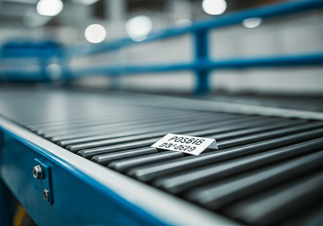 A macro shot of a modern automated sorting facility, high-speed conveyor belts with parcels, blue and white industrial aesthetics, depth of field highlighting a postal code label, editorial photography, soft natural light, 85mm lens, no text, no letters
