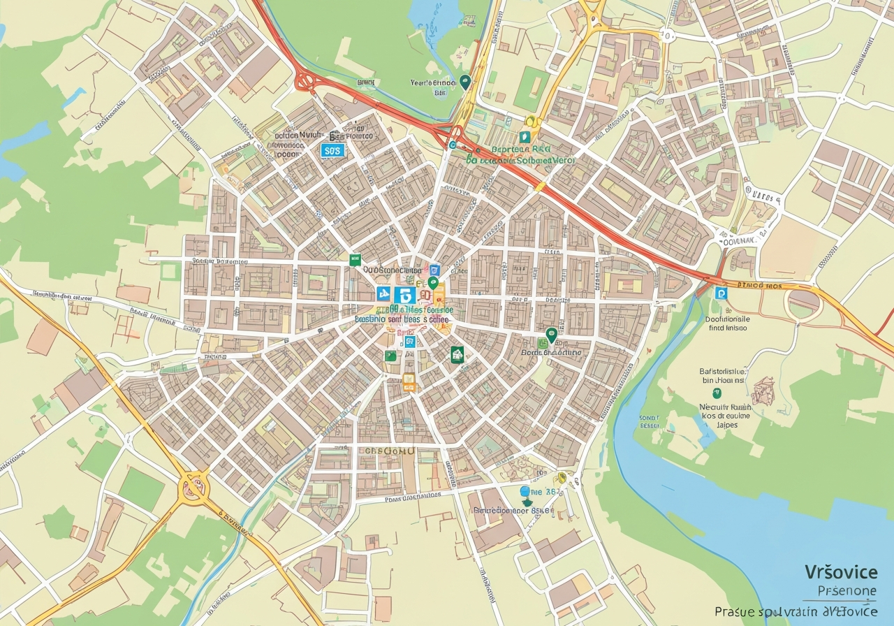 Detailed city map of Prague Vršovice district highlighting postal zones, professional cartography design, modern and clean aesthetic, editorial style, soft natural light, 85mm lens, high resolution, no text, no words, no letters.