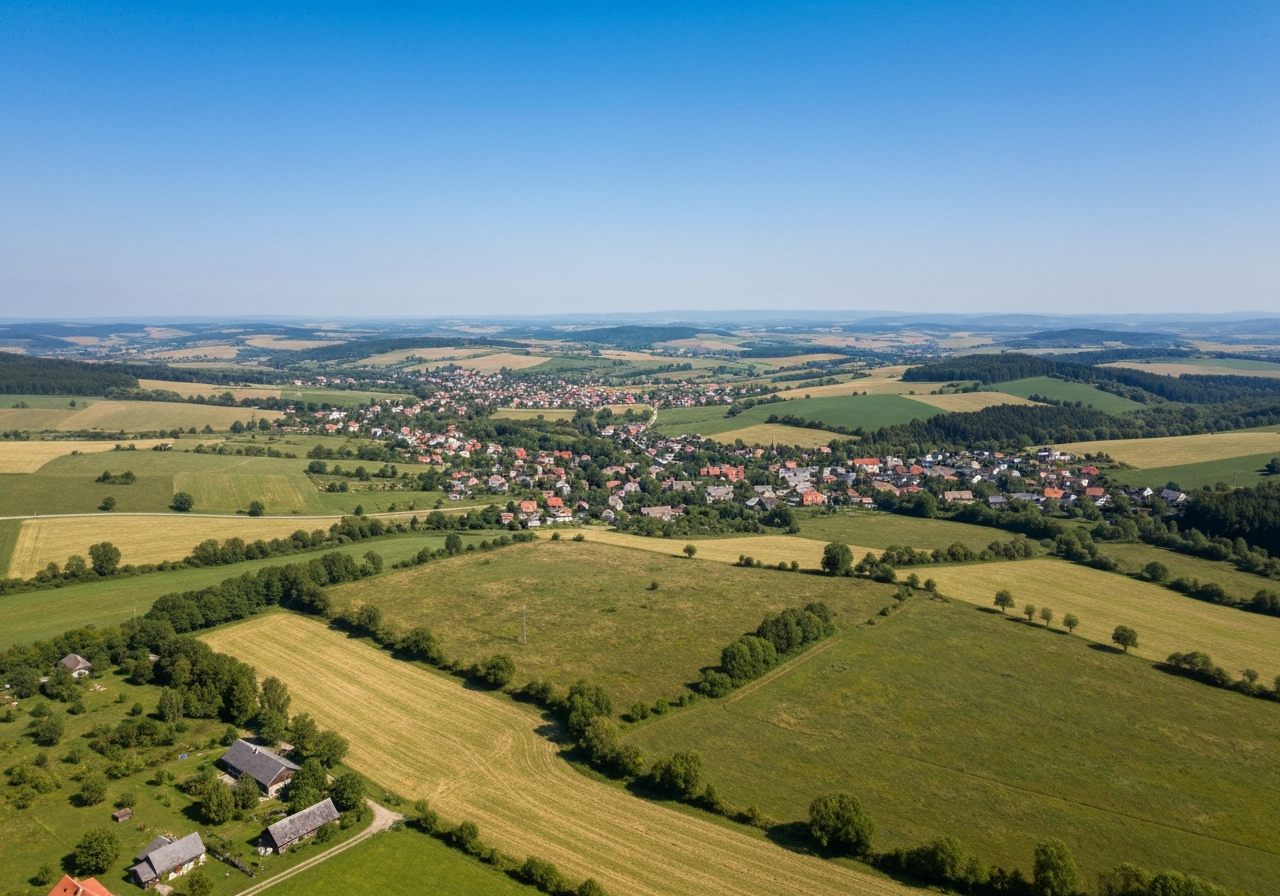 Aerial view of the rural landscape of Blatnice in the Třebíč district, rolling hills of the Vysočina region, clear daylight, high resolution editorial photography, 85mm lens, sharp focus, no text, no words, no letters