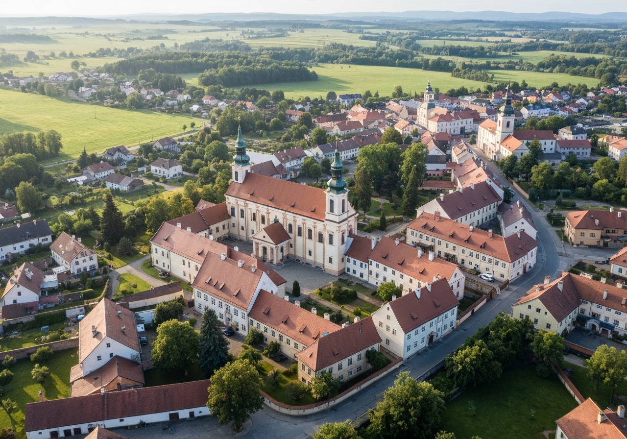 Aerial view of the historic town of Rajhrad in the Czech Republic, lush green fields and classic Moravian architecture, editorial photography, soft natural morning light, 85mm lens, high resolution, no text, no letters
