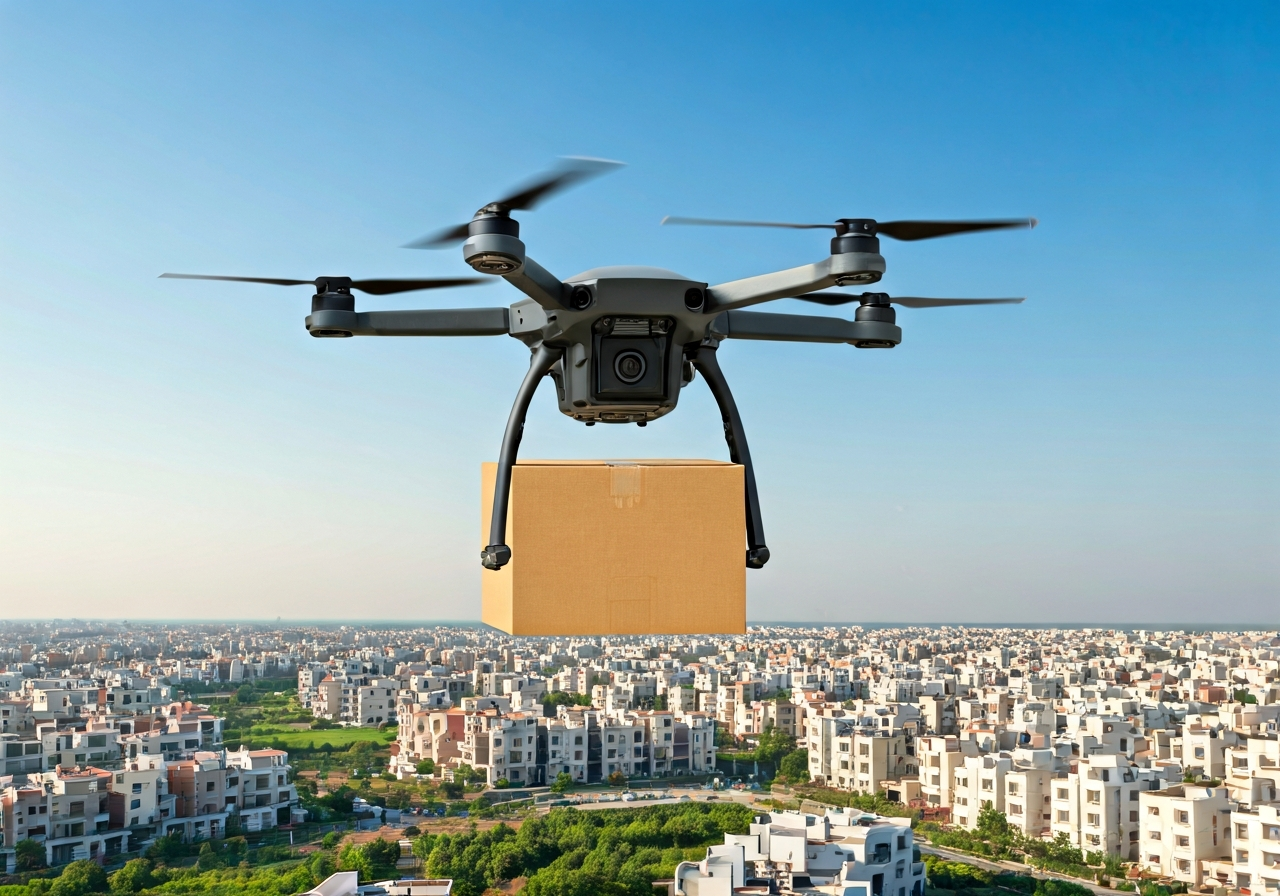 A professional logistics delivery drone carrying a parcel over a modern residential neighborhood in Rajhrad, clear blue sky, editorial style, high resolution, soft natural light, 85mm lens, no text, no words, no letters.