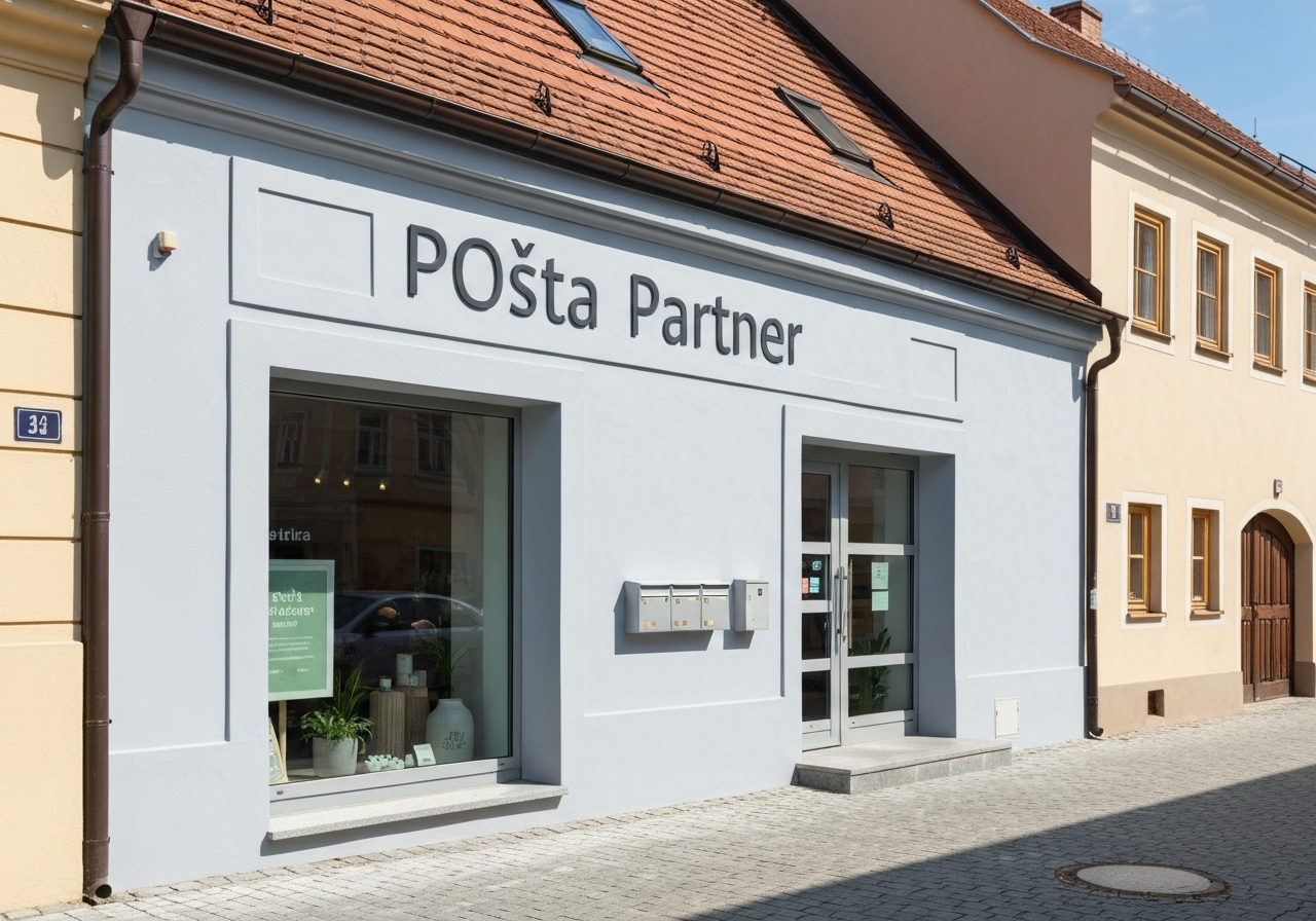 A professional exterior shot of a modern Pošta Partner storefront in a charming Czech village, clean architectural style, bright daylight, 85mm lens, high resolution, no text, no words, no letters.