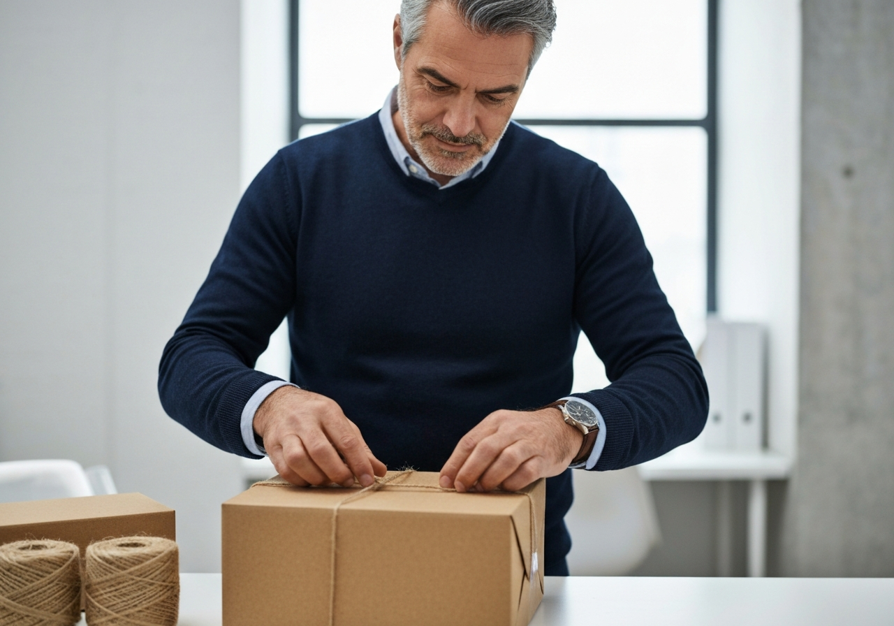 A professional hands-on shot of a person preparing a sustainable cardboard package with eco-friendly twine, modern clean office environment, premium editorial photography, soft natural lighting, 85mm lens, high detail, no text, no words.