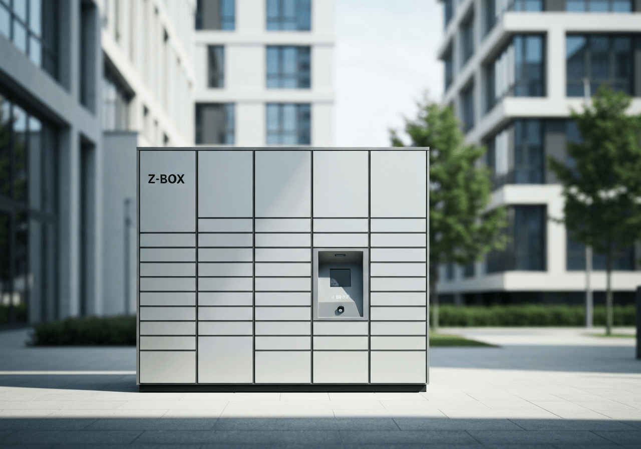 A sleek, modern Z-BOX automated parcel locker standing in a clean, urban environment in Polička, soft natural light, editorial photography, 85mm lens, high quality, no text, no words, no letters.