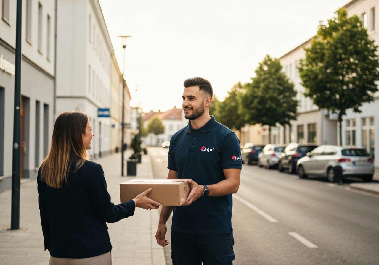 A professional DPD delivery courier handing a parcel to a customer in a modern, clean street setting in Zlin, editorial photography, soft natural light, 85mm lens, high focus, no text, no words, no letters