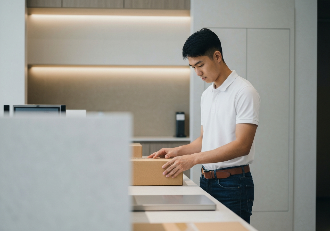 A professional courier service point in a modern, clean, and bright setting, a person preparing a parcel for shipping, soft natural light, premium editorial aesthetic, 85mm lens, high detail, no text, no words, no letters.