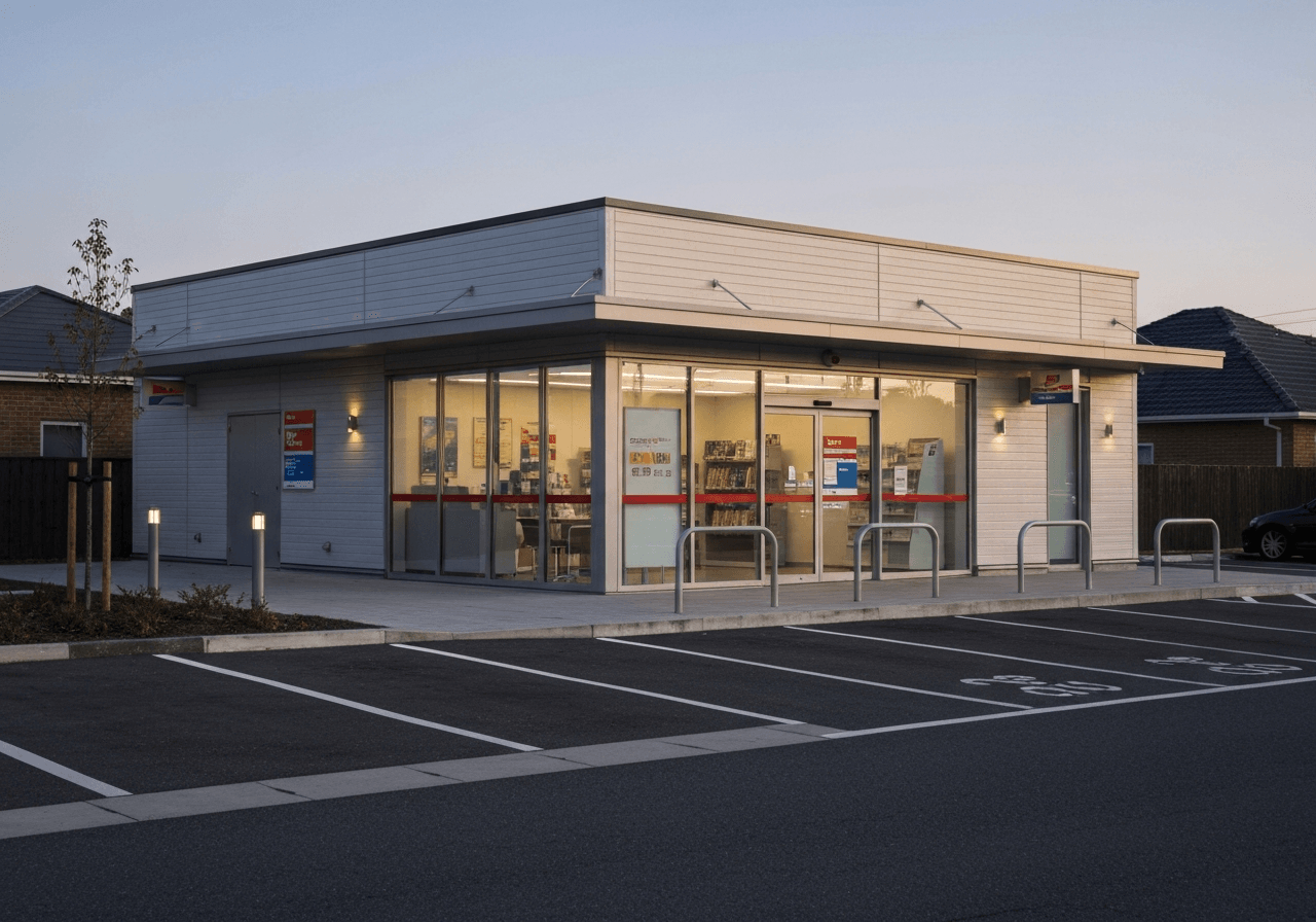 A professional, modern post office storefront in a suburban setting, clean architectural lines, soft natural daylight, cinematic quality, 85mm lens, highly detailed, no text, no letters