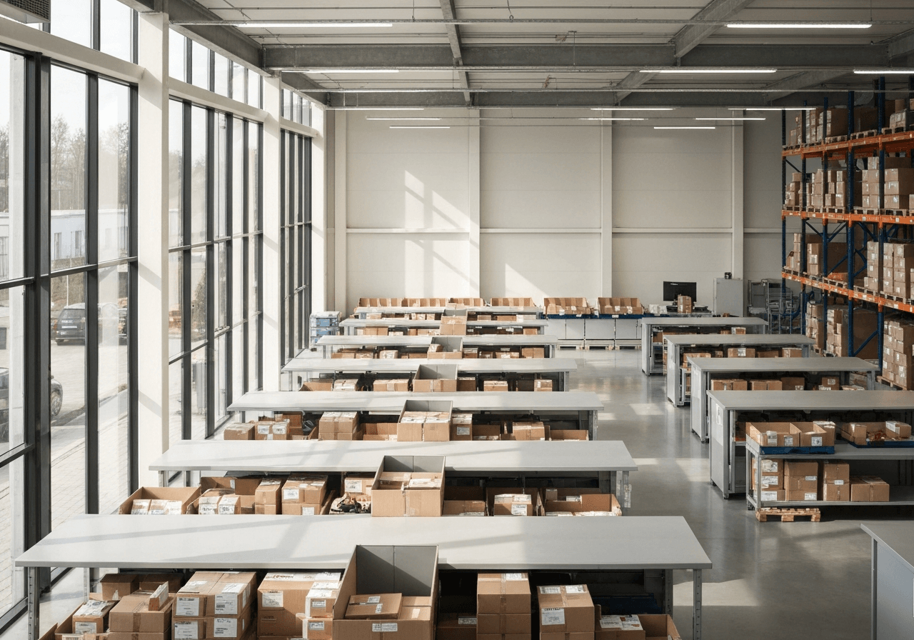A professional logistics center interior in Milovice, clean and modern aesthetic, organized sorting area with packages, soft natural light, editorial photography, 85mm lens, high resolution, no text, no words, no letters.