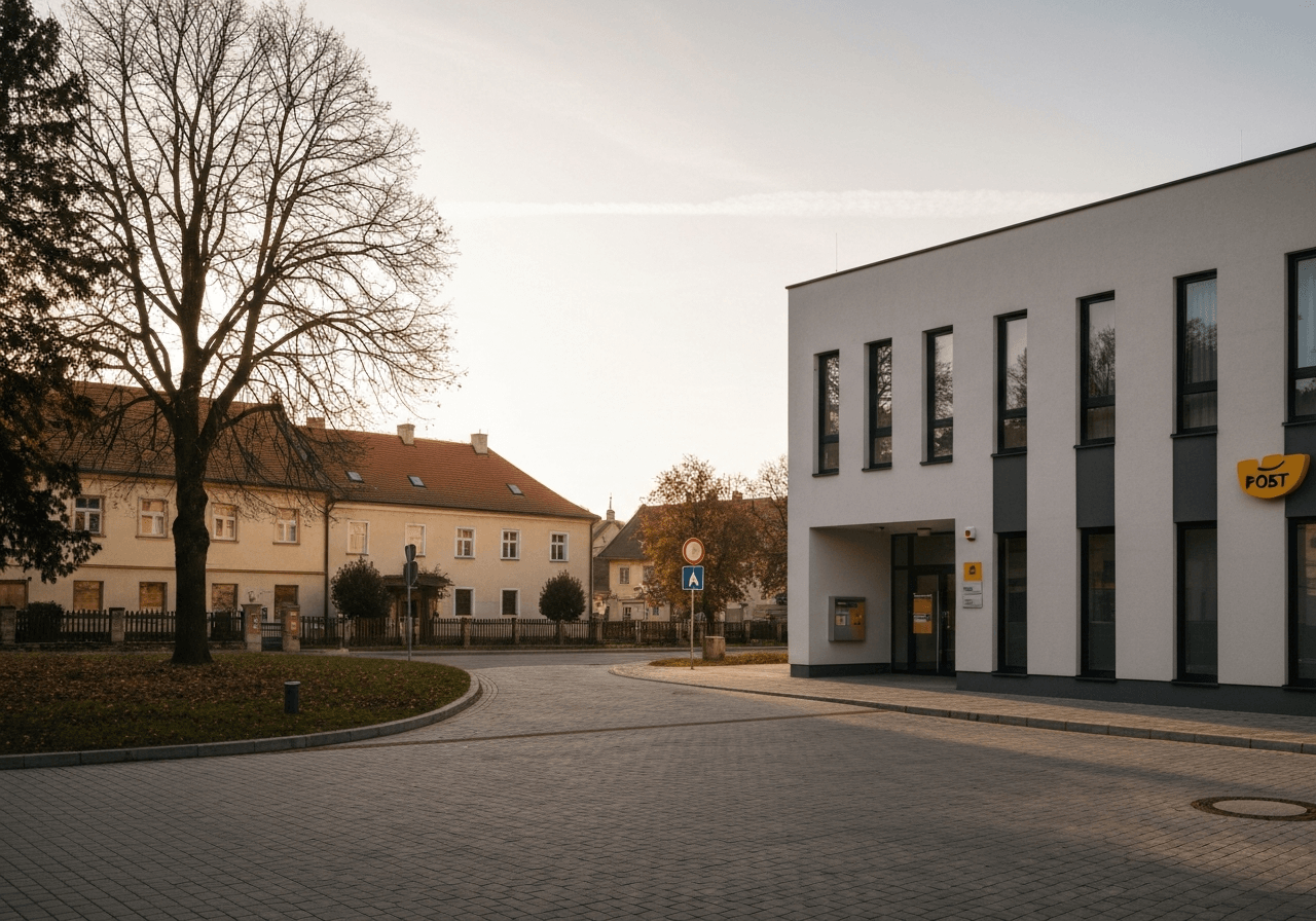 Modern professional post office building exterior in a quiet Czech town, clean facade, soft natural morning light, cinematic editorial style, 85mm lens, high resolution, no text, no letters
