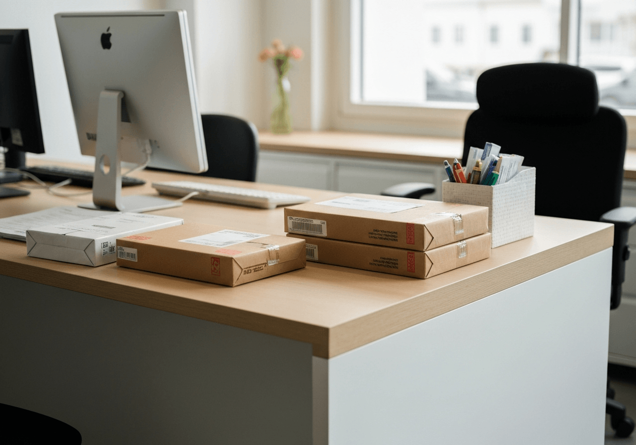 A professional desk at a modern postal branch with organized parcels and a clean aesthetic, soft natural light, editorial photography, 85mm lens, high quality, no text, no letters, no labels