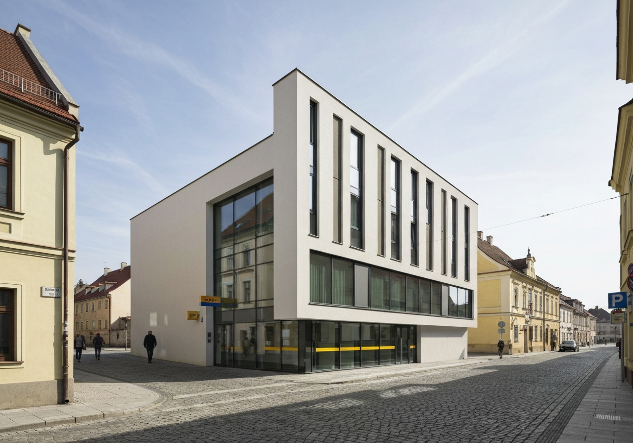 A professional exterior shot of a modern post office building in a quiet Czech town, clean architecture, daylight, street view, editorial photography, 85mm lens, high resolution, no text, no words, no letters