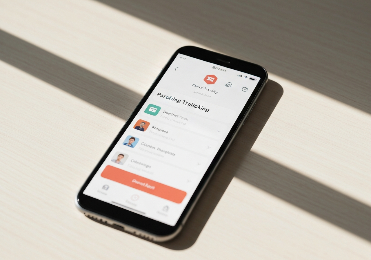 A modern, minimalist smartphone interface displaying a parcel tracking application on a clean wooden table, soft morning sunlight, editorial photography, 85mm lens, high resolution, no text, no words, no letters.