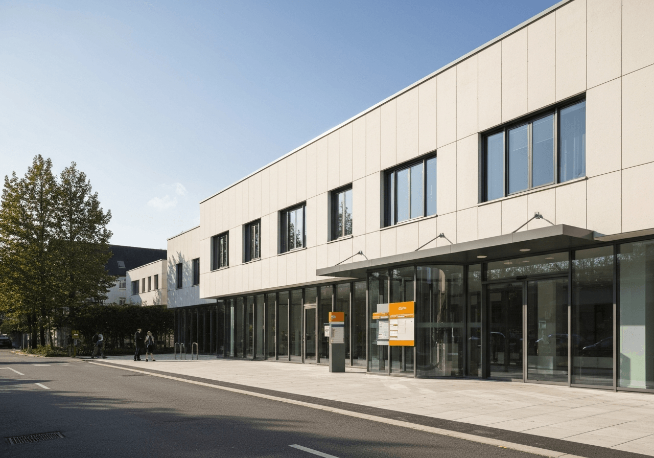 A clean, minimalist exterior view of a modern post office building, sunny day, professional architectural photography, soft natural light, 85mm lens, high resolution, no text, no words, no letters