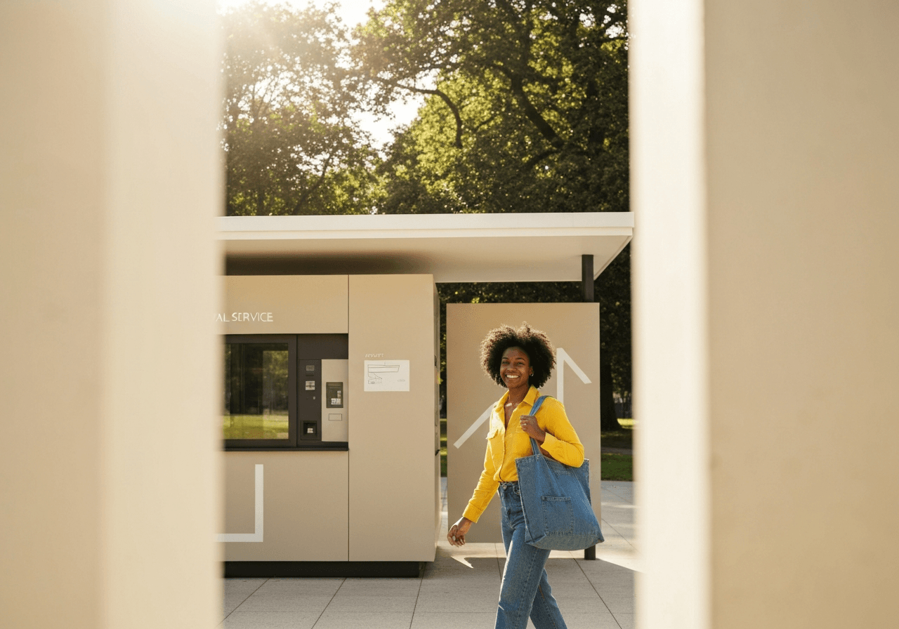 A smiling person walking towards a clean, modern postal service point, carrying a reusable bag, bright sunlight, premium editorial photography, 85mm lens, minimalist aesthetic, no text, no words, no letters.