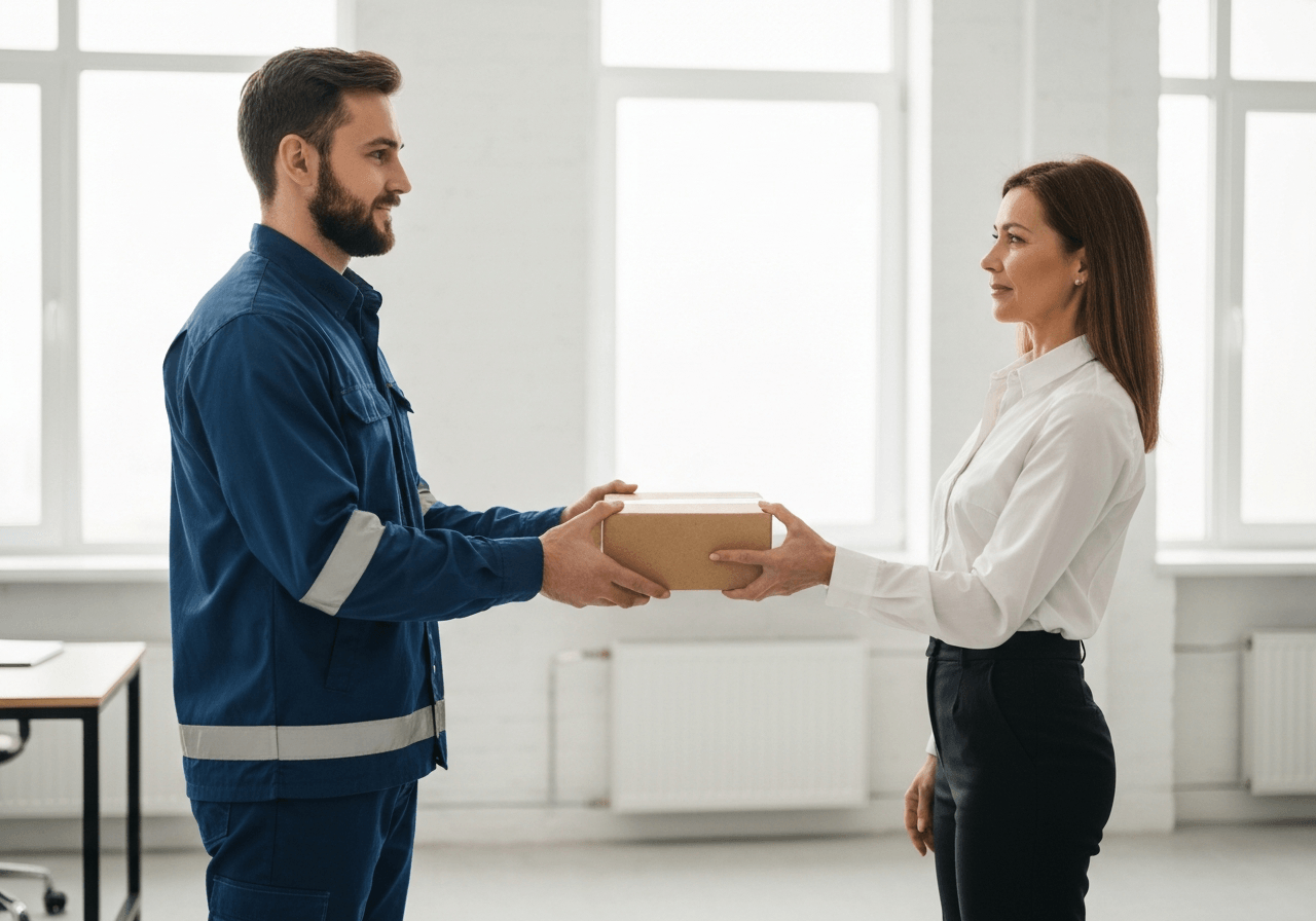 A professional courier in a modern uniform handing a high-quality parcel to a business client in a minimalist, light-filled office, premium editorial style, soft natural light, 85mm lens, highly detailed, no text, no letters