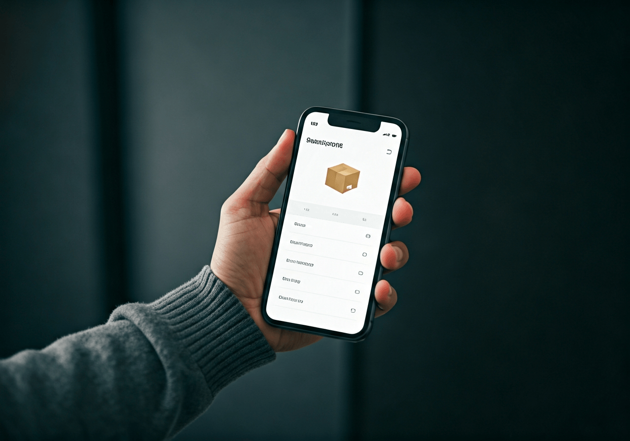 A smartphone displaying a package tracking app interface held by a person in a minimalist modern office, soft natural light, editorial photography, 85mm lens, high quality, no text, no letters