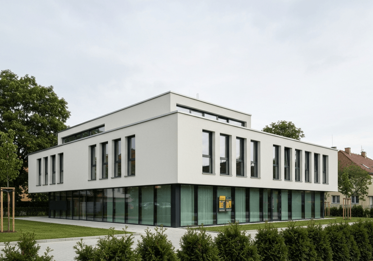 A professional exterior shot of a modern Czech Post branch building in a green residential neighborhood, clean architectural lines, soft natural daylight, 85mm lens, high resolution, no text, no letters