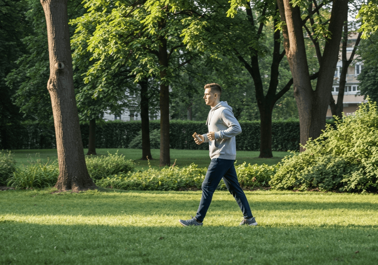 A person walking briskly through a green urban park in Brno-Lesna, carrying a small parcel, healthy lifestyle aesthetic, motion blur of trees in background, soft morning sunlight, editorial photography, 85mm lens, high quality, no text, no letters.