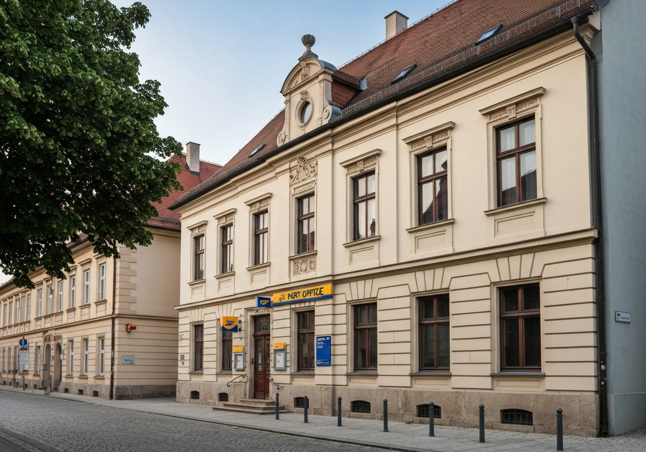 A professional exterior shot of a modern, well-maintained post office building in a central European town, historical architecture with clean signage, soft natural morning sunlight, 85mm lens, highly detailed, no text, no words, no letters