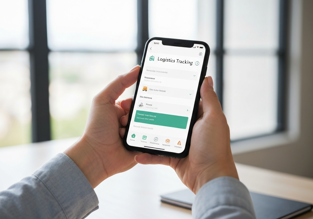 A professional hands holding a smartphone displaying a logistics tracking application in a clean, minimalist modern home office, soft natural light, editorial photography style, 85mm lens, high detail, no text, no words, no letters.